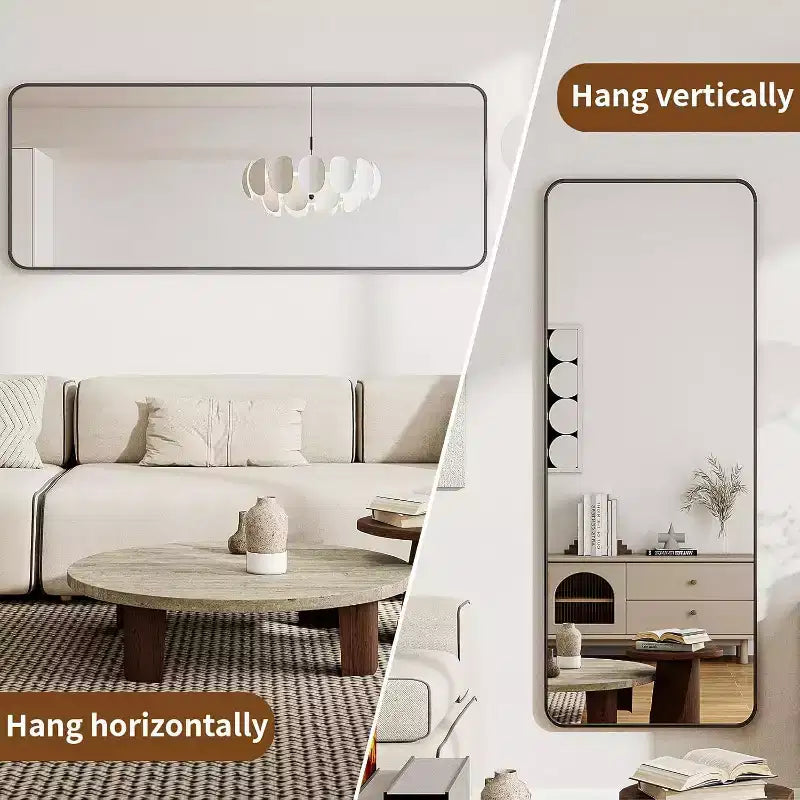 Specchio a figura intera 66 x 23 con angoli arrotondati, specchio da terra da appoggiare, appendere o inclinare per camera da letto o spogliatoio