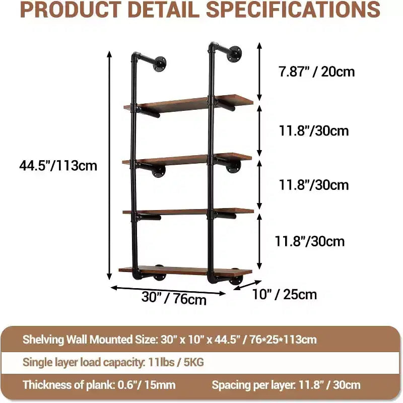 Acekool Scaffale da Parete Industriale a 4 Livelli con Tubi, Mensole Galleggianti Rustiche da 30 Pollici, Vero Legno, per Cucina, Bar, Espositore per Libri e Vino