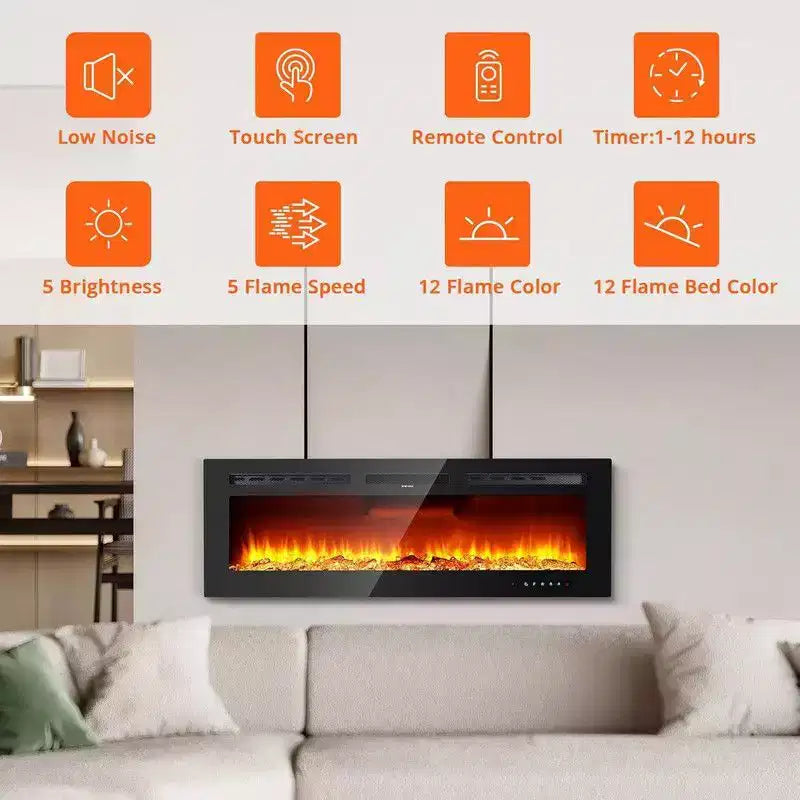 Coolmee 88 pollici camino elettrico, intelligente da incasso o a parete, controllo WiFi, doppia potenza di riscaldamento 750/1500W, 12 colori fiamma, touch screen, timer