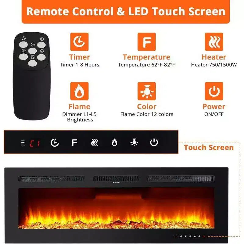 Coolmee 88 pollici camino elettrico, intelligente da incasso o a parete, controllo WiFi, doppia potenza di riscaldamento 750/1500W, 12 colori fiamma, touch screen, timer