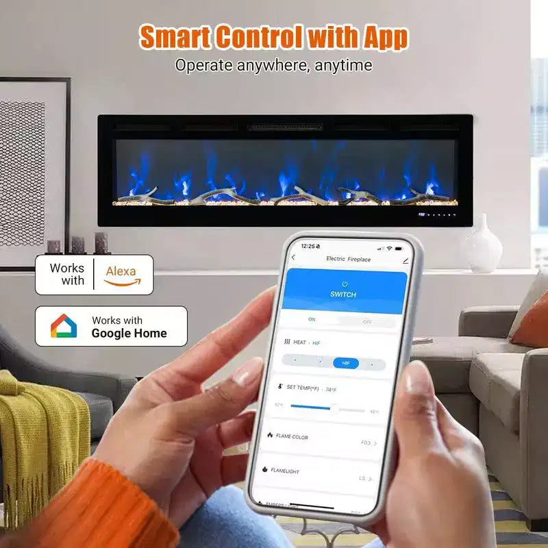 Coolmee Caminetto Elettrico da 80 Pollici, da Incasso e a Parete, Controllo Vocale Smart WiFi Alexa, Effetto Fiamma 3D, 12 Opzioni di Colore, 750W/1500W