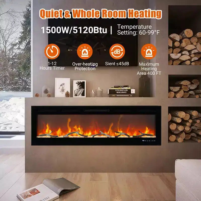 Coolmee Caminetto Elettrico da 80 Pollici, da Incasso e a Parete, Controllo Vocale Smart WiFi Alexa, Effetto Fiamma 3D, 12 Opzioni di Colore, 750W/1500W