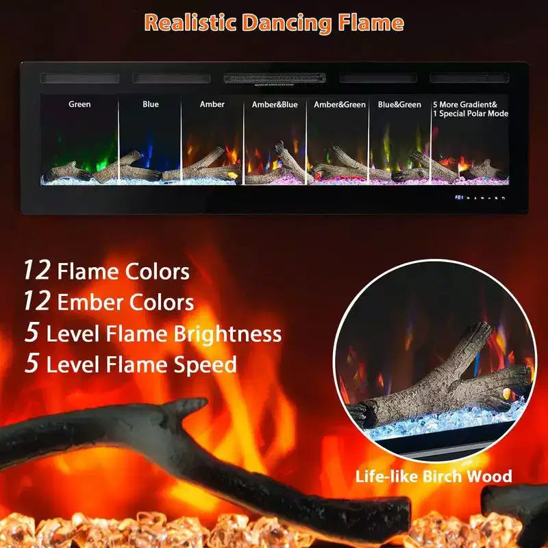 Coolmee Caminetto Elettrico da 80 Pollici, da Incasso e a Parete, Controllo Vocale Smart WiFi Alexa, Effetto Fiamma 3D, 12 Opzioni di Colore, 750W/1500W
