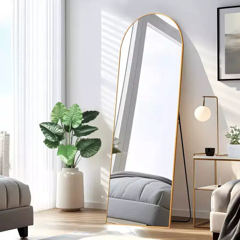MAYEERTY Specchio a figura intera da 69 pollici, con cornice ad arco in lega di alluminio, da pavimento, autoportante con staffa, colore oro
