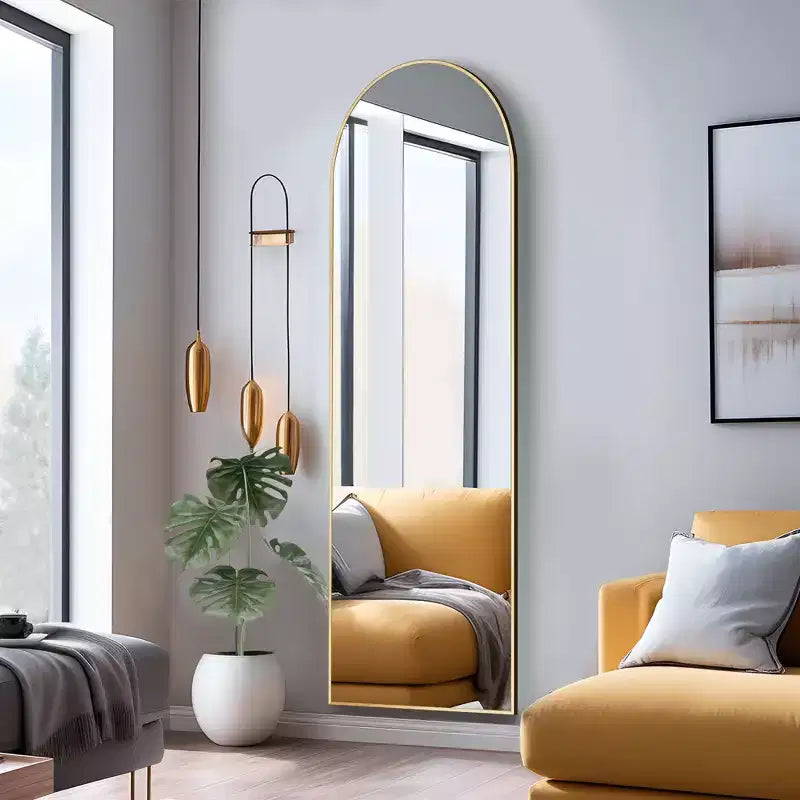 MAYEERTY Specchio a figura intera da 69 pollici, con cornice ad arco in lega di alluminio, da pavimento, autoportante con staffa, colore oro
