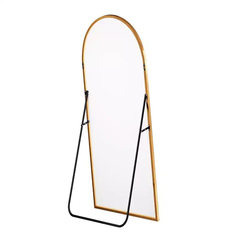 MAYEERTY Specchio a figura intera da 69 pollici, con cornice ad arco in lega di alluminio, da pavimento, autoportante con staffa, colore oro