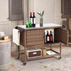 NAYSAYE Carrello Bar da Esterno in Rattan, Porta-Vino e Bevande con Piano in Acciaio Inox per Patio, Marrone, 47,24*20,12*35,04