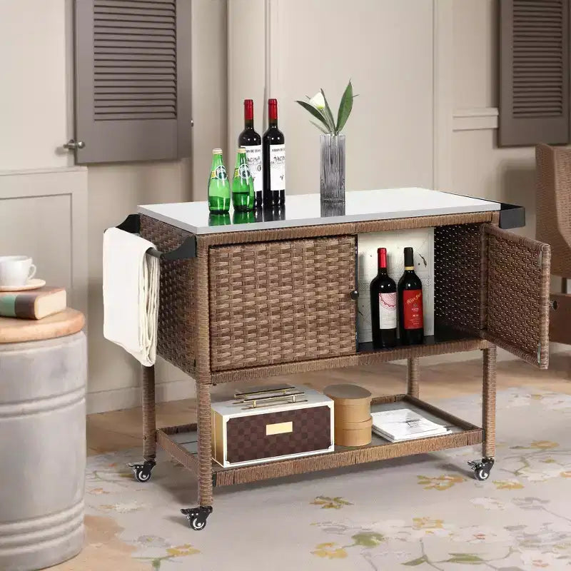 NAYSAYE Carrello Bar da Esterno in Rattan, Porta-Vino e Bevande con Piano in Acciaio Inox per Patio, Marrone, 47,24*20,12*35,04