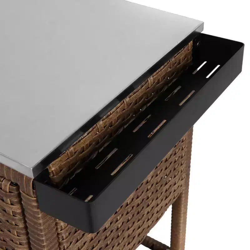 NAYSAYE Carrello Bar da Esterno in Rattan, Porta-Vino e Bevande con Piano in Acciaio Inox per Patio, Marrone, 47,24*20,12*35,04