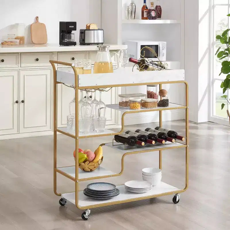 NAYSAYE Carrello Bar da Servizio, Stile Retrò, Carrello Portabevande con Portabottiglie e Portacalici per Soggiorno, Oro, 35.63*13.98*40.35
