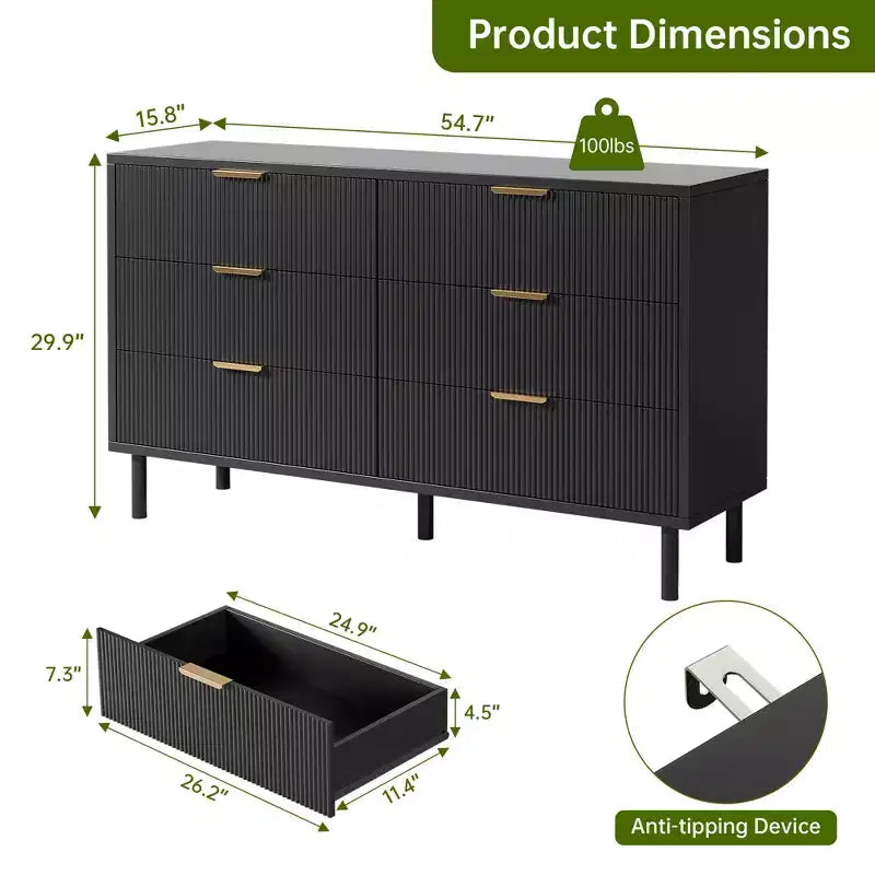 Comò a 6 cassetti con scanalature, comò doppio largo in legno con gambe e maniglie in metallo, cassettiera moderna con design anti-ribaltamento