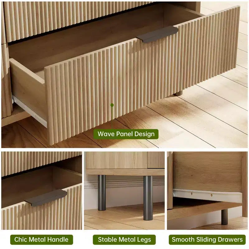 Comò a 6 cassetti con scanalature, comò doppio largo in legno con gambe e maniglie in metallo, cassettiera moderna con design anti-ribaltamento