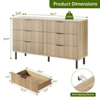 Comò a 6 cassetti con scanalature, comò doppio largo in legno con gambe e maniglie in metallo, cassettiera moderna con design anti-ribaltamento