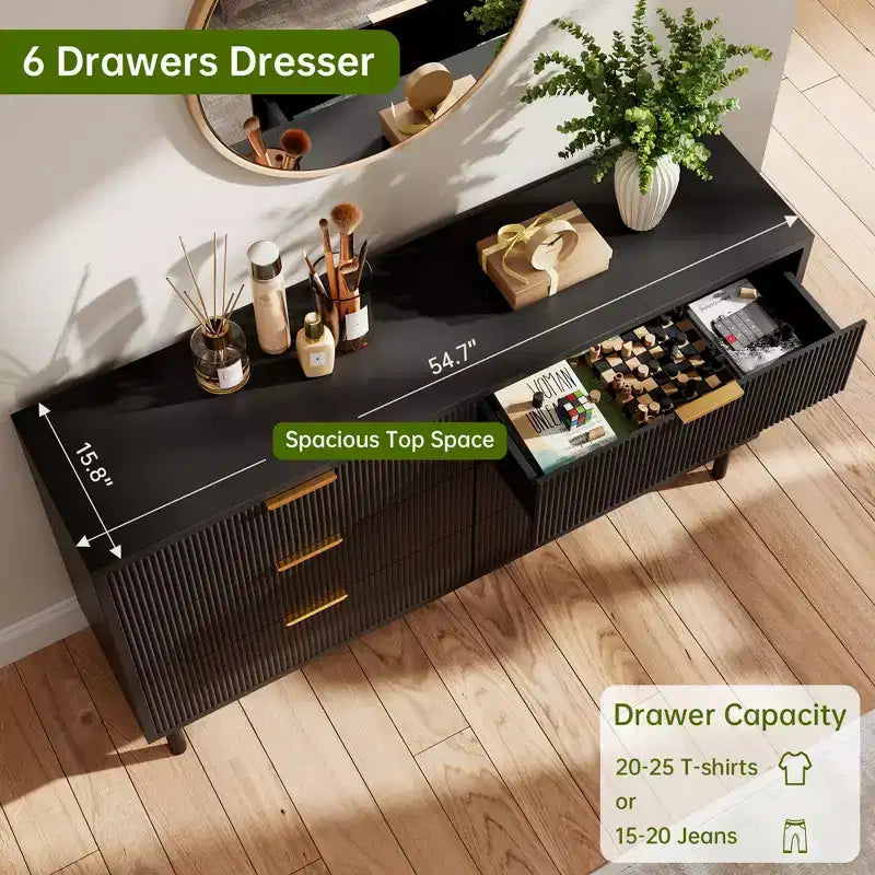 Comò a 6 cassetti con scanalature, comò doppio largo in legno con gambe e maniglie in metallo, cassettiera moderna con design anti-ribaltamento