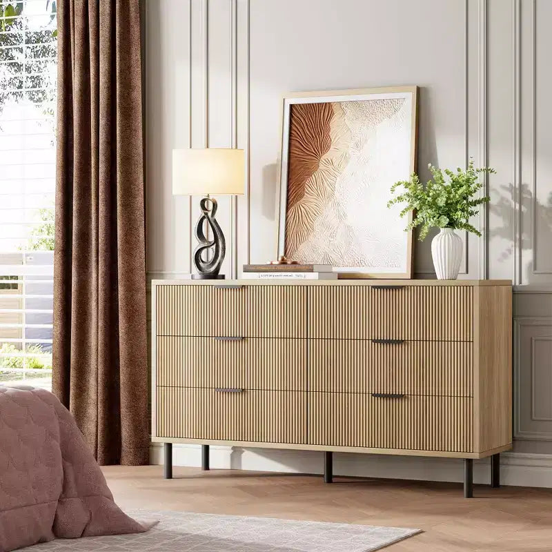 Fluted 6 Drawer Dresser, Wide Wood Double Dresser with Metal Legs and Handles, Modern Chest of Drawers with Anti-Tipping Design