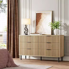 Fluted 6 Drawer Dresser, Wide Wood Double Dresser with Metal Legs and Handles, Modern Chest of Drawers with Anti-Tipping Design