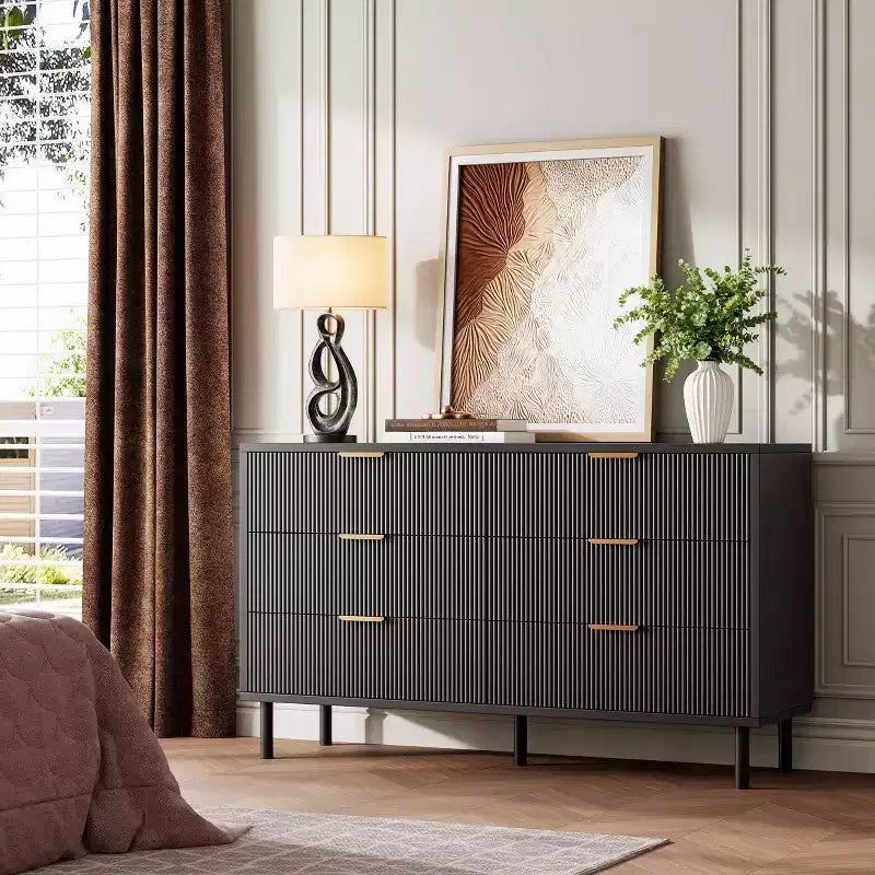 Comò a 6 cassetti con scanalature, comò doppio largo in legno con gambe e maniglie in metallo, cassettiera moderna con design anti-ribaltamento