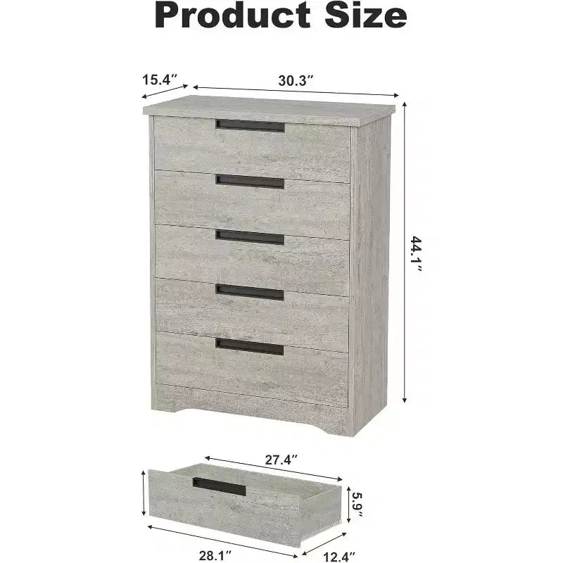 Acekool Cassettiera Moderna a 5 Cassetti in Grigio - Maniglie Incassate, Ampio Spazio di Archiviazione per Camera da Letto, Cameretta, Ingresso