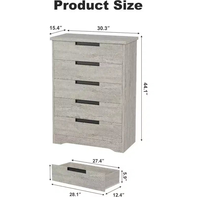 Acekool Cassettiera Moderna a 5 Cassetti in Grigio - Maniglie Incassate, Ampio Spazio di Archiviazione per Camera da Letto, Cameretta, Ingresso