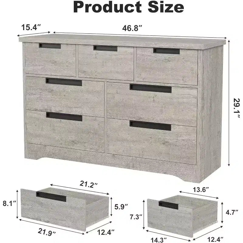 Acekool Cassettiera a 7 cassetti per camera da letto, Comodino moderno grigio con ampio spazio di archiviazione, Design con maniglie integrate, Organizer in legno per soggiorno, cameretta, corridoio