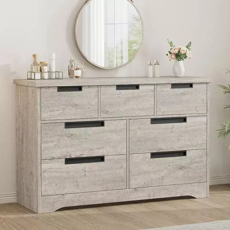 Acekool Cassettiera a 7 cassetti per camera da letto, Comodino moderno grigio con ampio spazio di archiviazione, Design con maniglie integrate, Organizer in legno per soggiorno, cameretta, corridoio