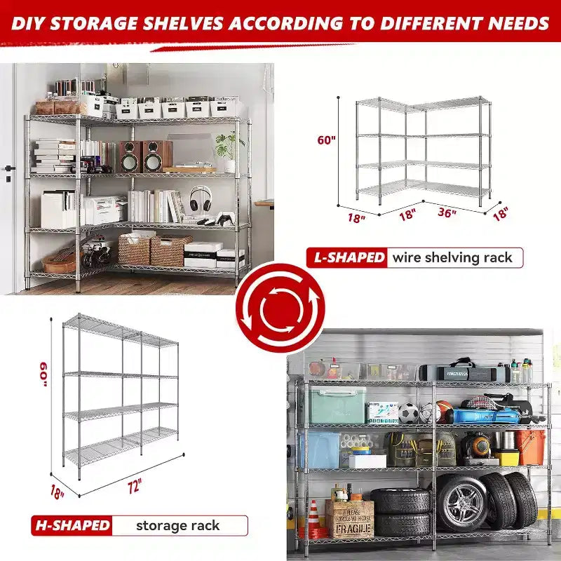 HOMDOX Scaffale Portaoggetti a 4 Ripiani in Metallo Resistente, Scaffalature in Filo Metallico Regolabili 72W x 18D x 60H, 1600LBS Unità di Scaffalature Indipendenti