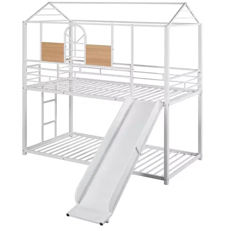 Bellemave Letto a castello singolo su singolo con scivolo e scaletta, letto a castello a casetta a pavimento con sponde e mensola, bianco