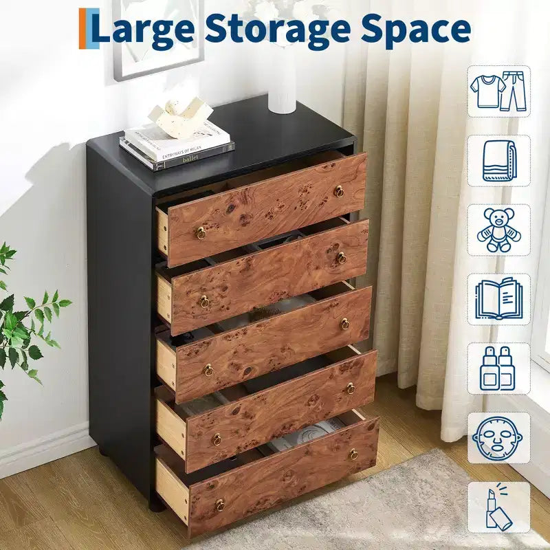 Cassettiera a 5 cassetti per camera da letto, organizer con doppio manico rustico, comò in legno porta TV, cassettiera per armadio, soggiorno, corridoio