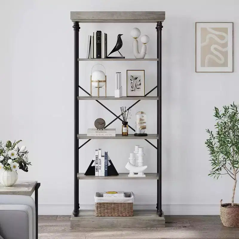 Libreria industriale a 6 ripiani Coolmee, scaffale alto rustico con telaio in metallo, grande espositore vintage per camera da letto, soggiorno e ufficio domestico