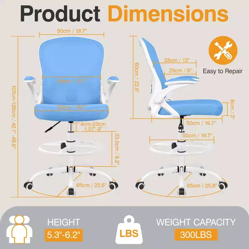 KERDOM Sedia da ufficio alta Sedia ergonomica da scrivania, Sedia da computer con supporto lombare Sedia girevole con ruote, Blu