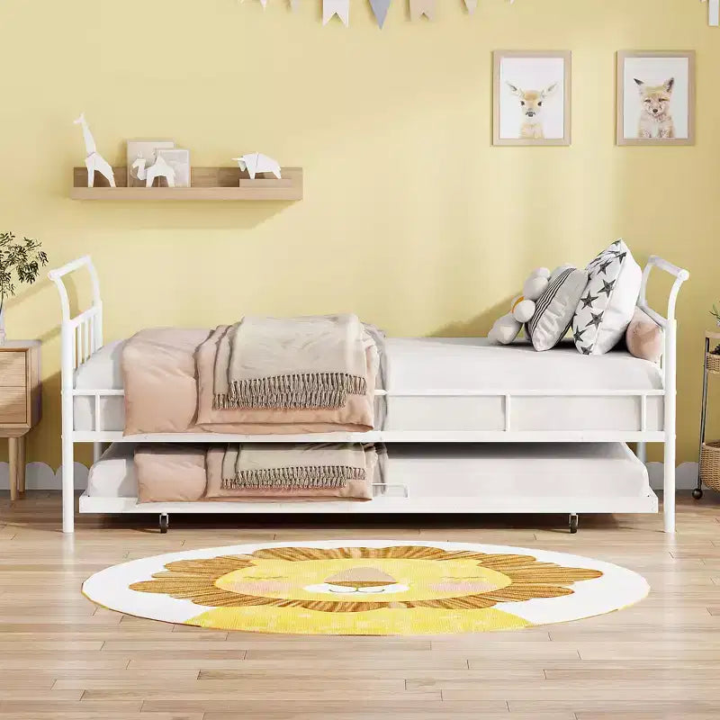 Bellemave Divano Letto a Una Piazza con Letto Estraibile, Struttura Robusta con Maniglia Curva e Doghe, Divano Letto in Metallo per Bambini, Ragazze, Ragazzi, Bianco