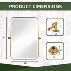 PexFix 36 x 24 Specchio da parete rettangolare in ferro dorato con perno, specchio da bagno inclinabile con cornice in metallo, regolabile, bifacciale, per camera da letto e soggiorno