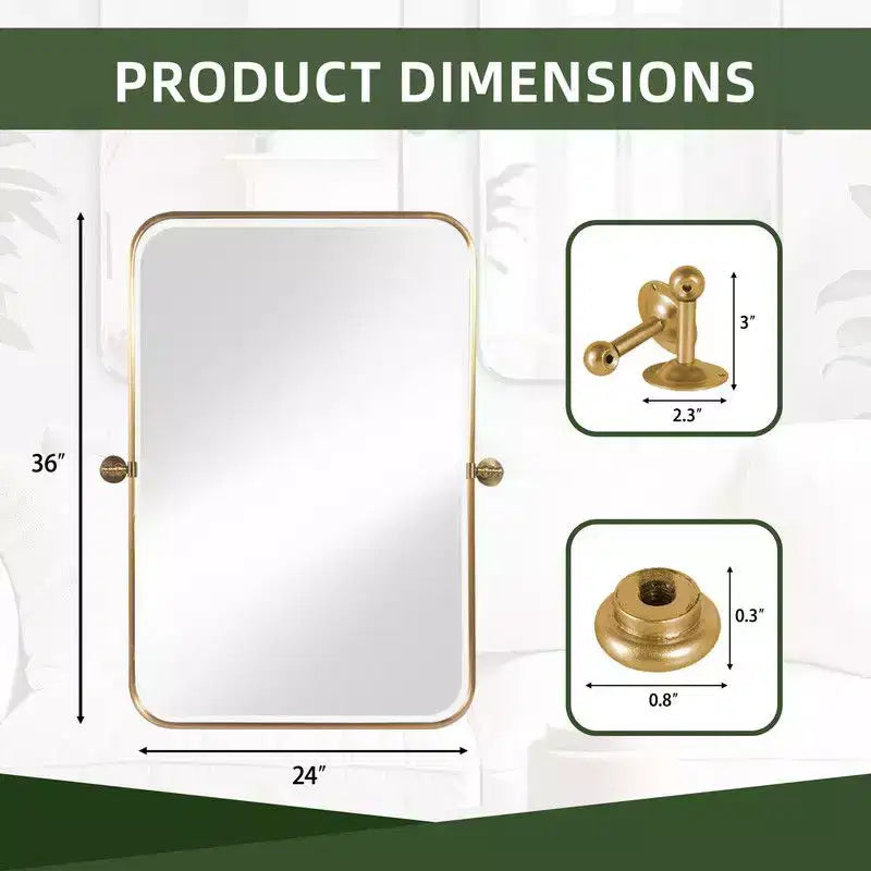 PexFix 36 x 24 Specchio da parete rettangolare in ferro dorato con perno, specchio da bagno inclinabile con cornice in metallo, regolabile, bifacciale, per camera da letto e soggiorno
