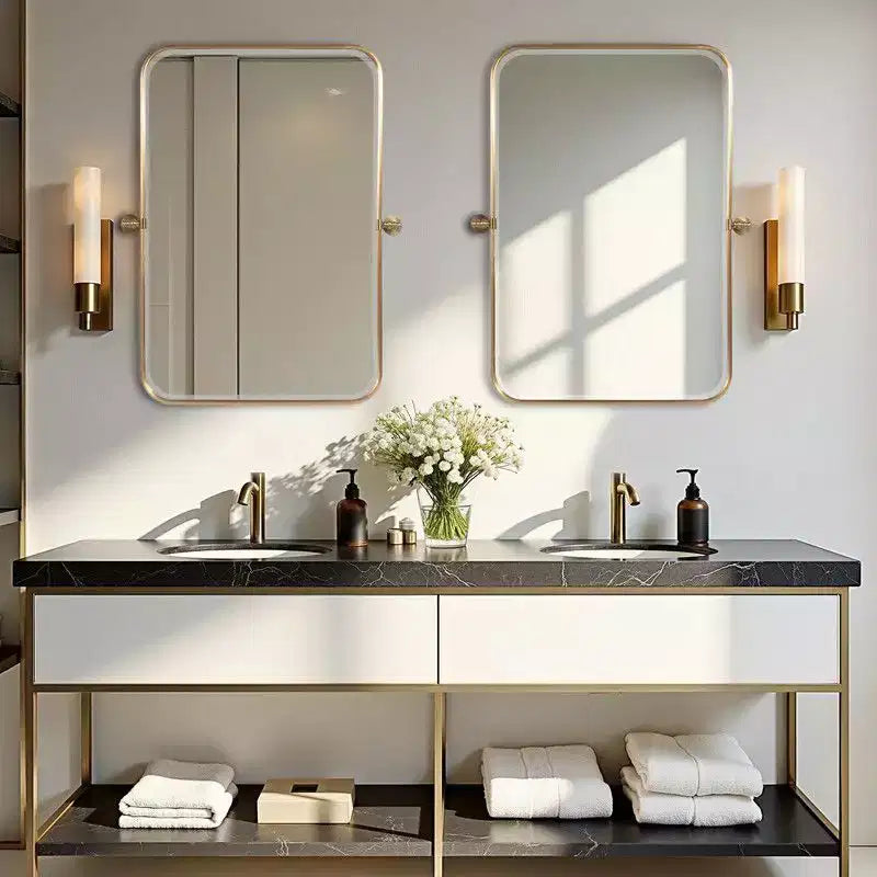 PexFix 36 x 24 Specchio da parete rettangolare in ferro dorato con perno, specchio da bagno inclinabile con cornice in metallo, regolabile, bifacciale, per camera da letto e soggiorno
