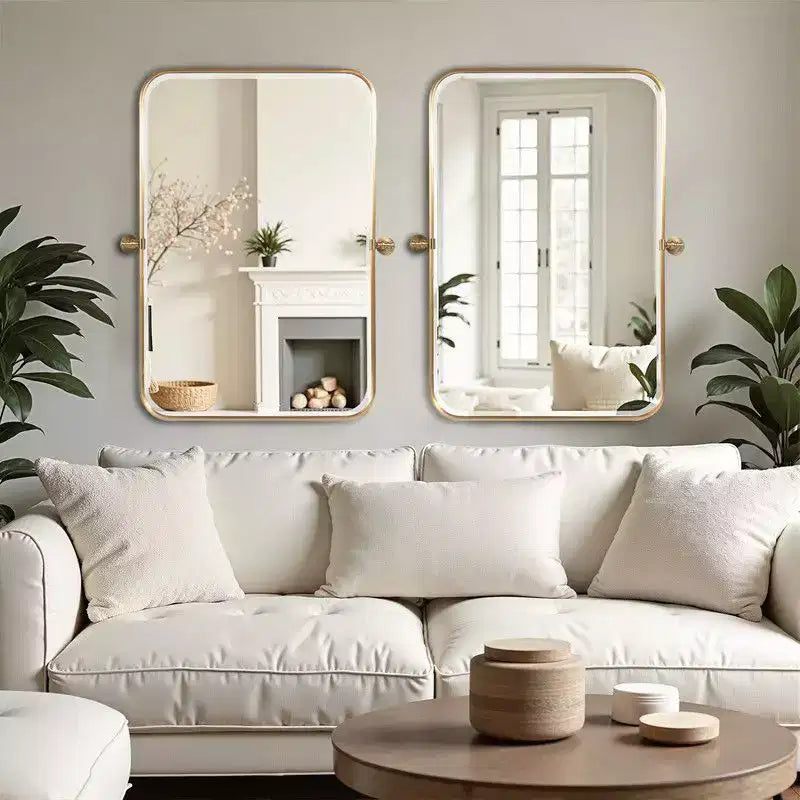 PexFix 36 x 24 Specchio da parete rettangolare in ferro dorato con perno, specchio da bagno inclinabile con cornice in metallo, regolabile, bifacciale, per camera da letto e soggiorno