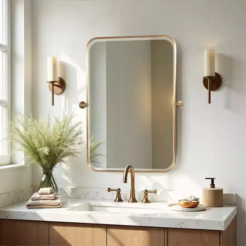 PexFix 36 x 24 Specchio da parete rettangolare in ferro dorato con perno, specchio da bagno inclinabile con cornice in metallo, regolabile, bifacciale, per camera da letto e soggiorno