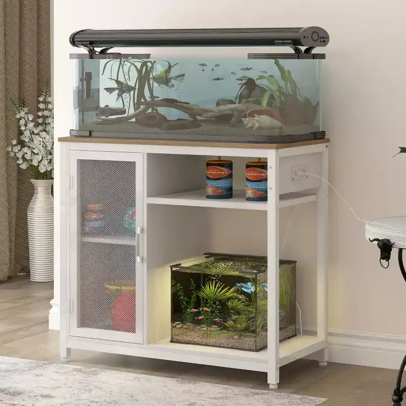 Supporto per Acquario con Prese Elettriche, Stand per Acquario in Metallo da 40-50 Galloni con Armadietto per Accessori
