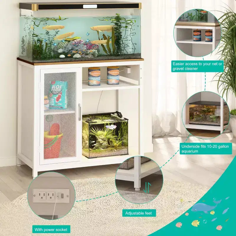 Supporto per Acquario con Prese Elettriche, Stand per Acquario in Metallo da 40-50 Galloni con Armadietto per Accessori
