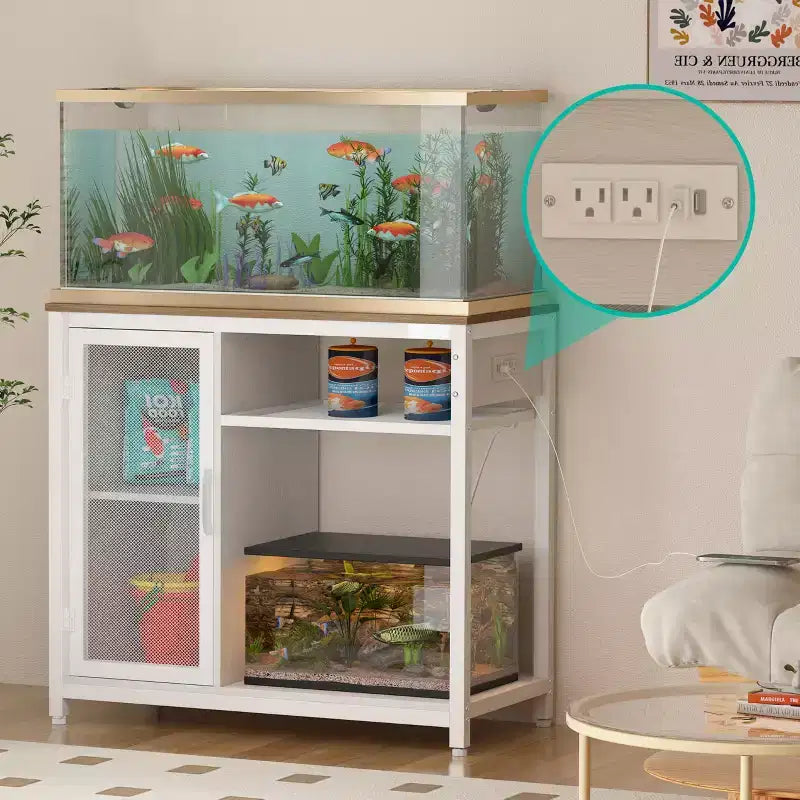 Supporto per Acquario con Prese Elettriche, Stand per Acquario in Metallo da 40-50 Galloni con Armadietto per Accessori
