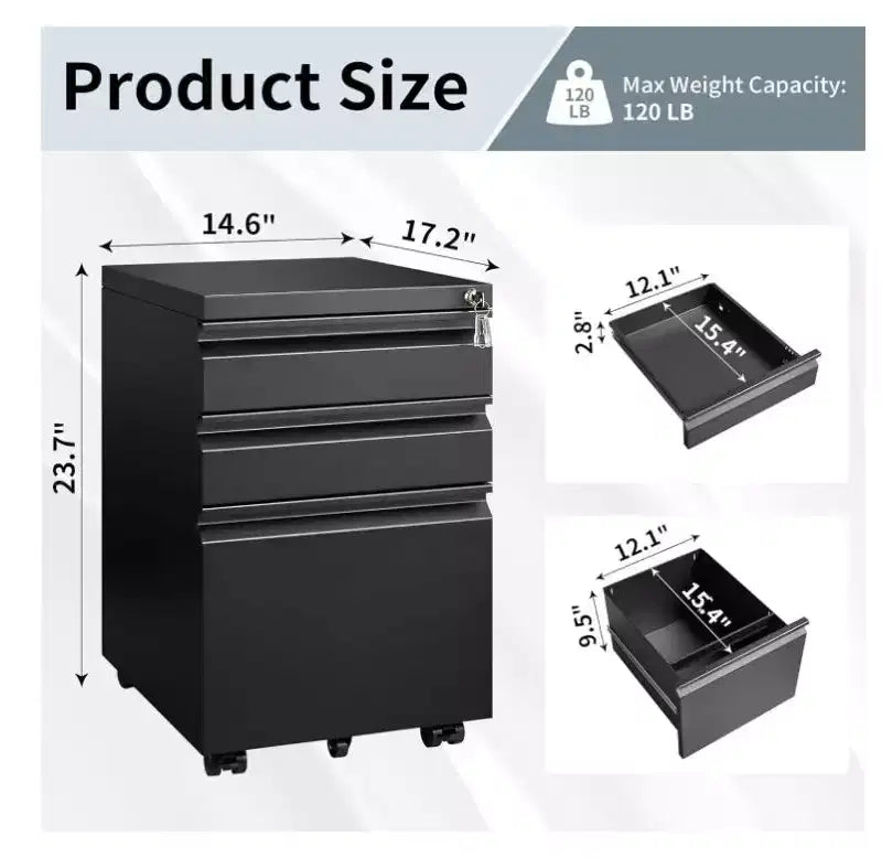 CuisinSmart Classificatore a 3 cassetti, con 4 ruote, Armadietto portadocumenti con serratura per cartelle A4, formato Lettera, Legale, Mobiletto schedario per Ufficio e Studio