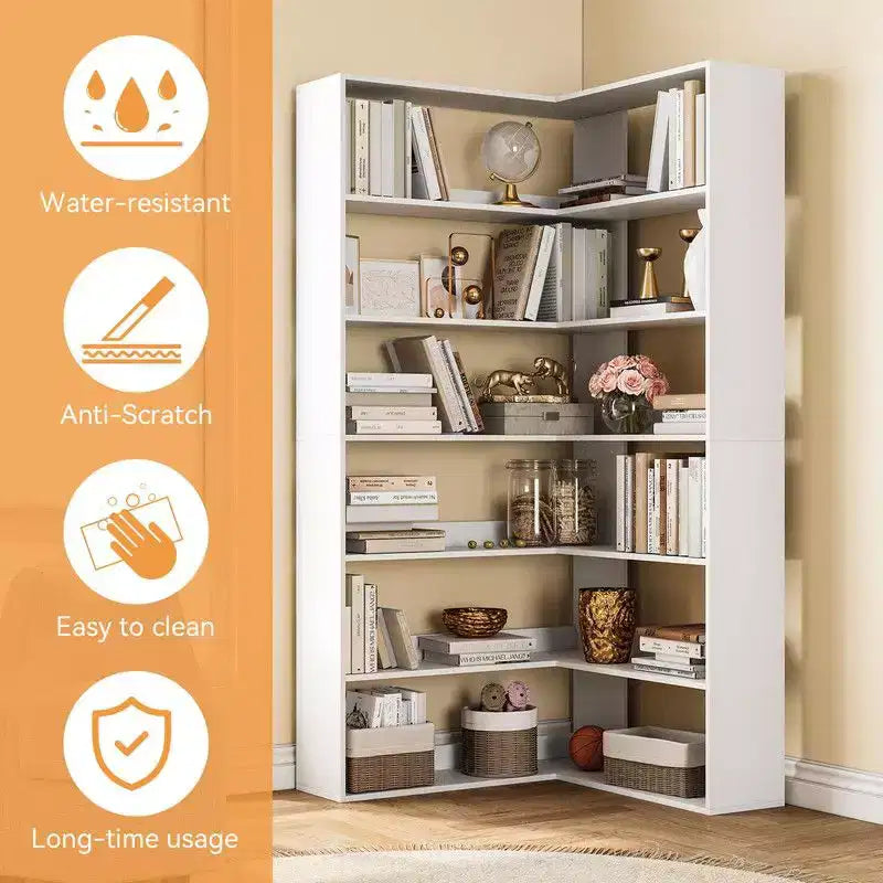Libreria angolare, Scaffale angolare a 6 ripiani a L con deflettori, Libreria in legno