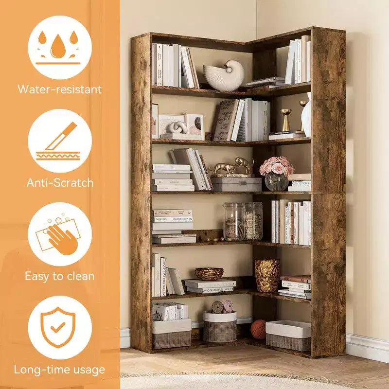 Libreria angolare, Scaffale angolare a 6 ripiani a L con deflettori, Libreria in legno