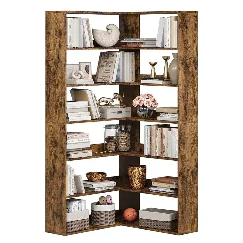 Corner Bookshelf, 6-Tier Corner Shelf l Shaped Bookshelf with Baffles,Wood Bookcase