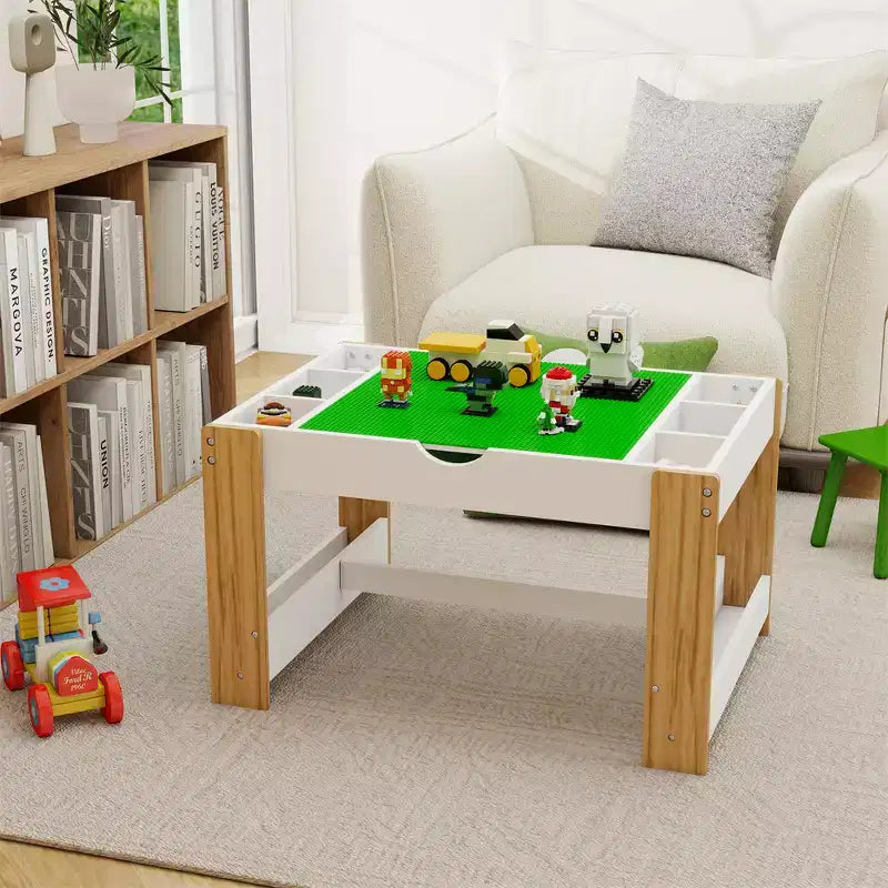 Tavolo da gioco 2 in 1 per bambini, moderno tavolo per attività didattiche con 6 scomparti compatibile con blocchi da costruzione, mobile da gioco
