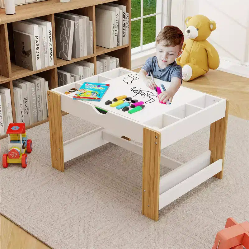 Tavolo da gioco 2 in 1 per bambini, moderno tavolo per attività didattiche con 6 scomparti compatibile con blocchi da costruzione, mobile da gioco