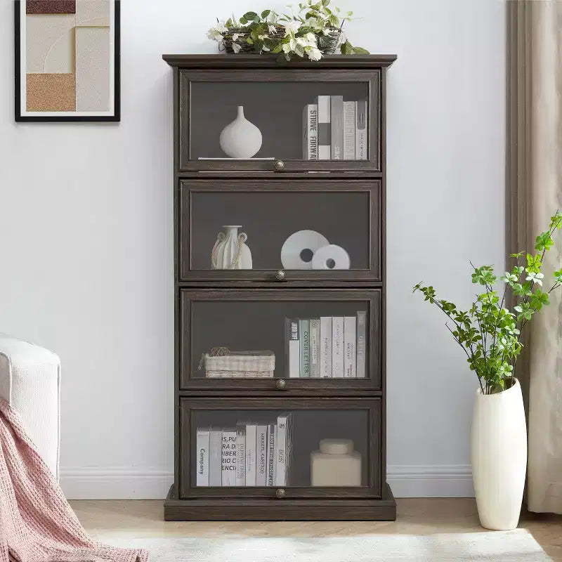 Vetrinetta in vetro a 4 ripiani, elegante vetrina espositiva con ante a ribalta in vetro, perfetta per collezionisti, espositore, libreria elegante