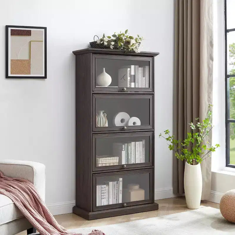 Vetrinetta in vetro a 4 ripiani, elegante vetrina espositiva con ante a ribalta in vetro, perfetta per collezionisti, espositore, libreria elegante