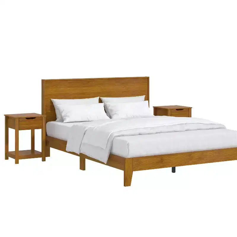Letto Queen Galano Luxe con testiera e comodini Elira a 2 cassetti, set da 2 in noce ambrato