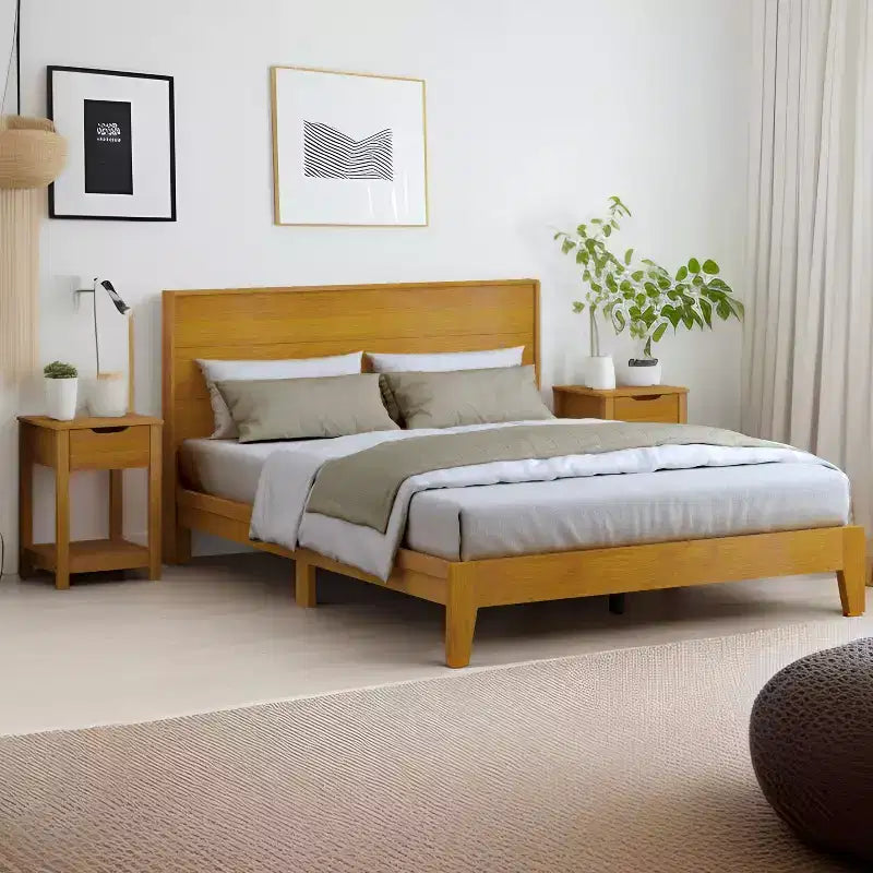 Letto Queen Galano Luxe con testiera e comodini Elira a 2 cassetti, set da 2 in noce ambrato