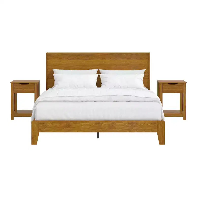 Letto Queen Galano Luxe con testiera e comodini Elira a 2 cassetti, set da 2 in noce ambrato